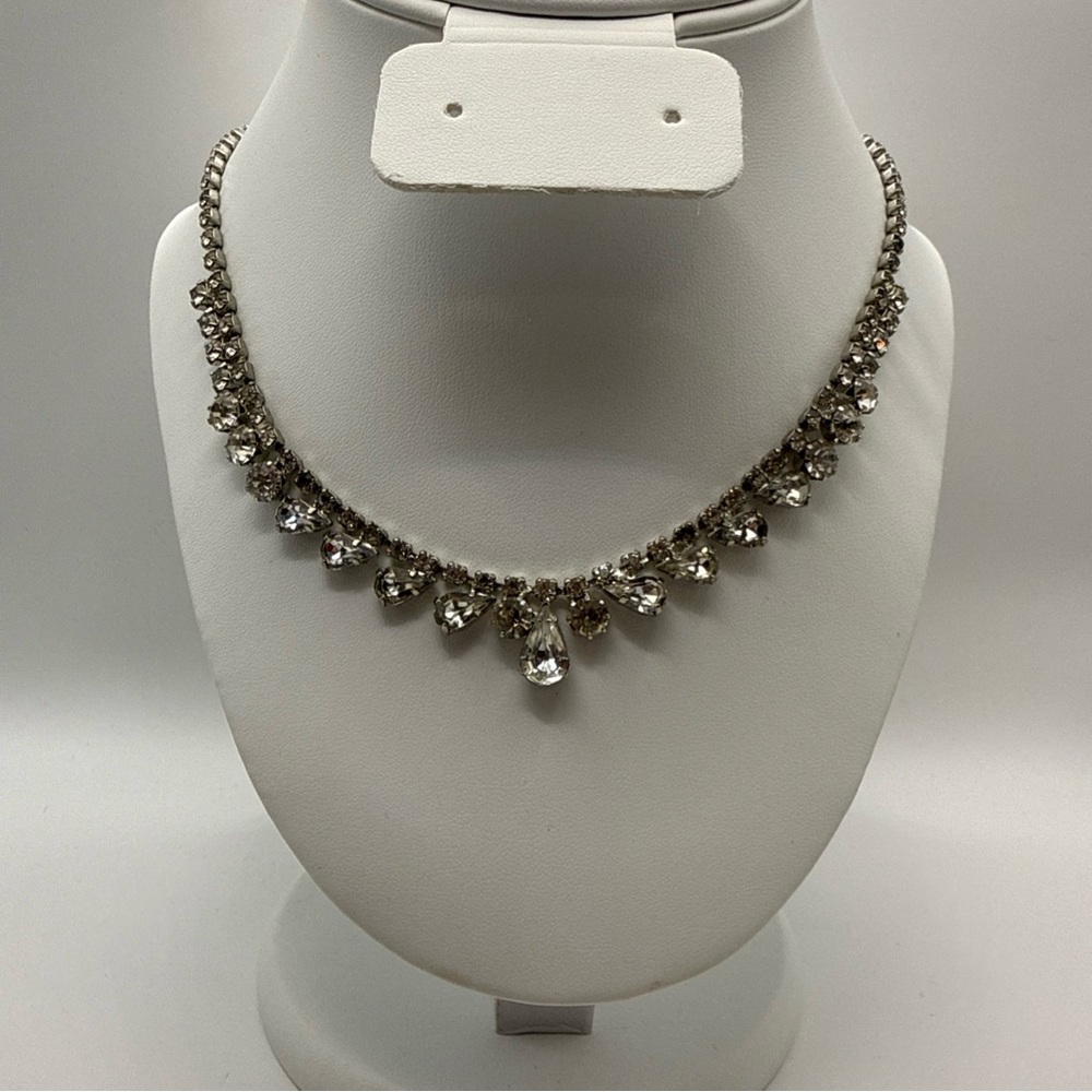 Vintage Clear Rhinestone Statement Necklace with Teardrop stones hook clasp